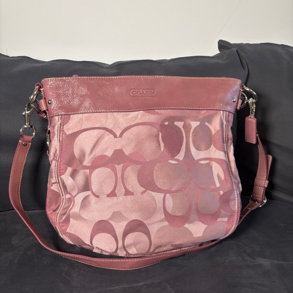 Coach Signature C Satin Convertible Hobo Bag Pink Rose Leather Trim 15947